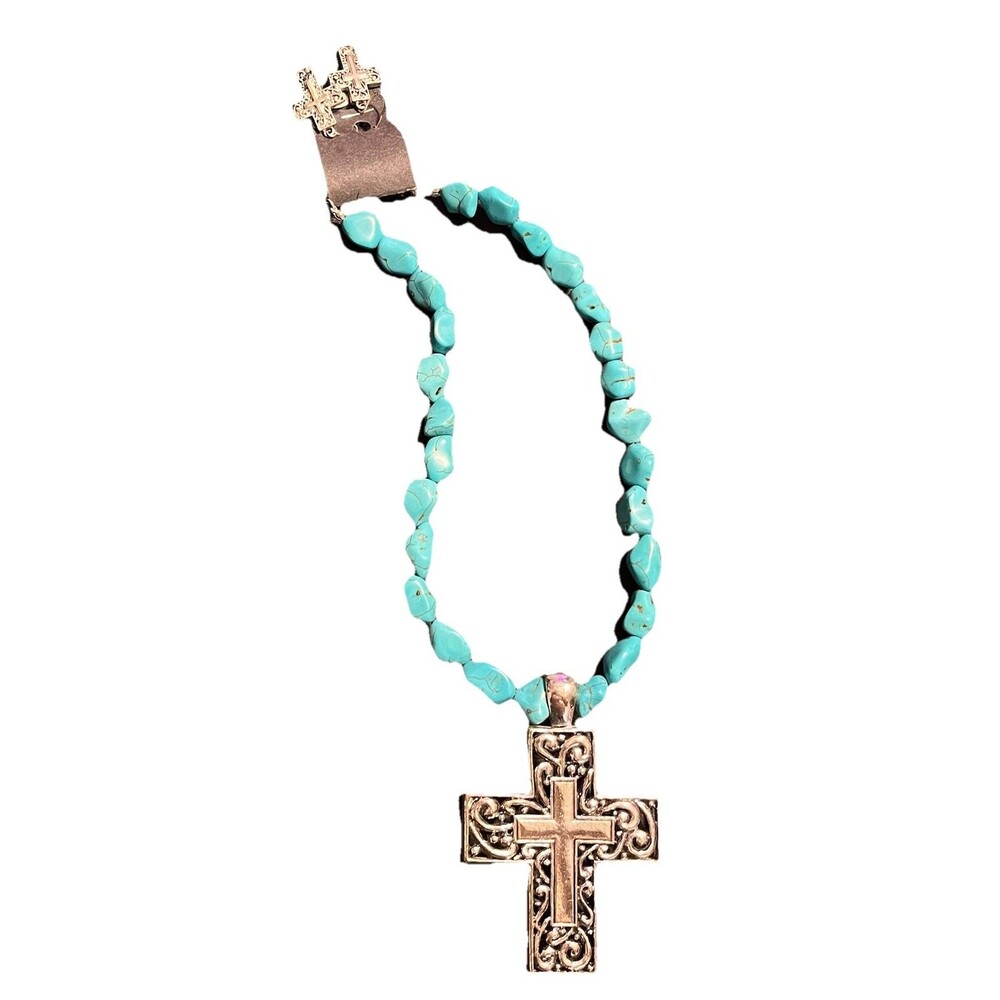 Necklace Matching Earrings Turquoise Beads Silver Cross Jewelry Set Boho Western